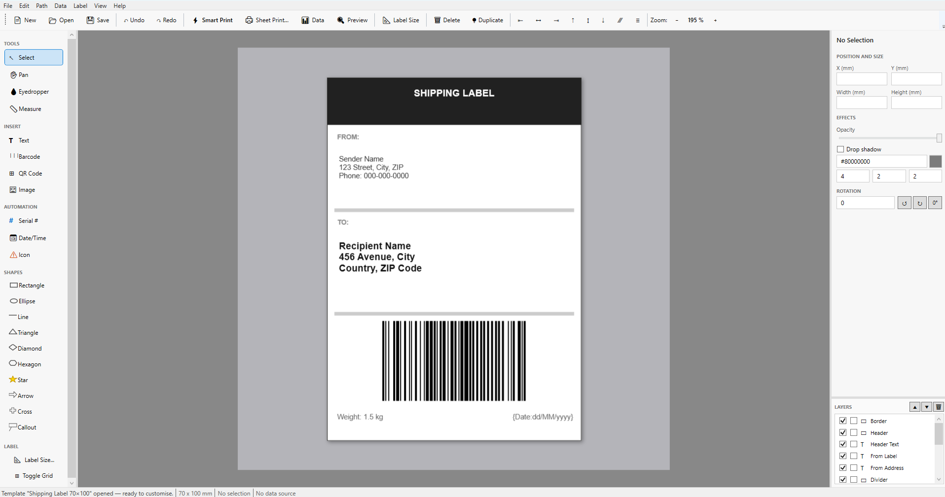 Shipping labels template in LABEL DESIGNER PRO